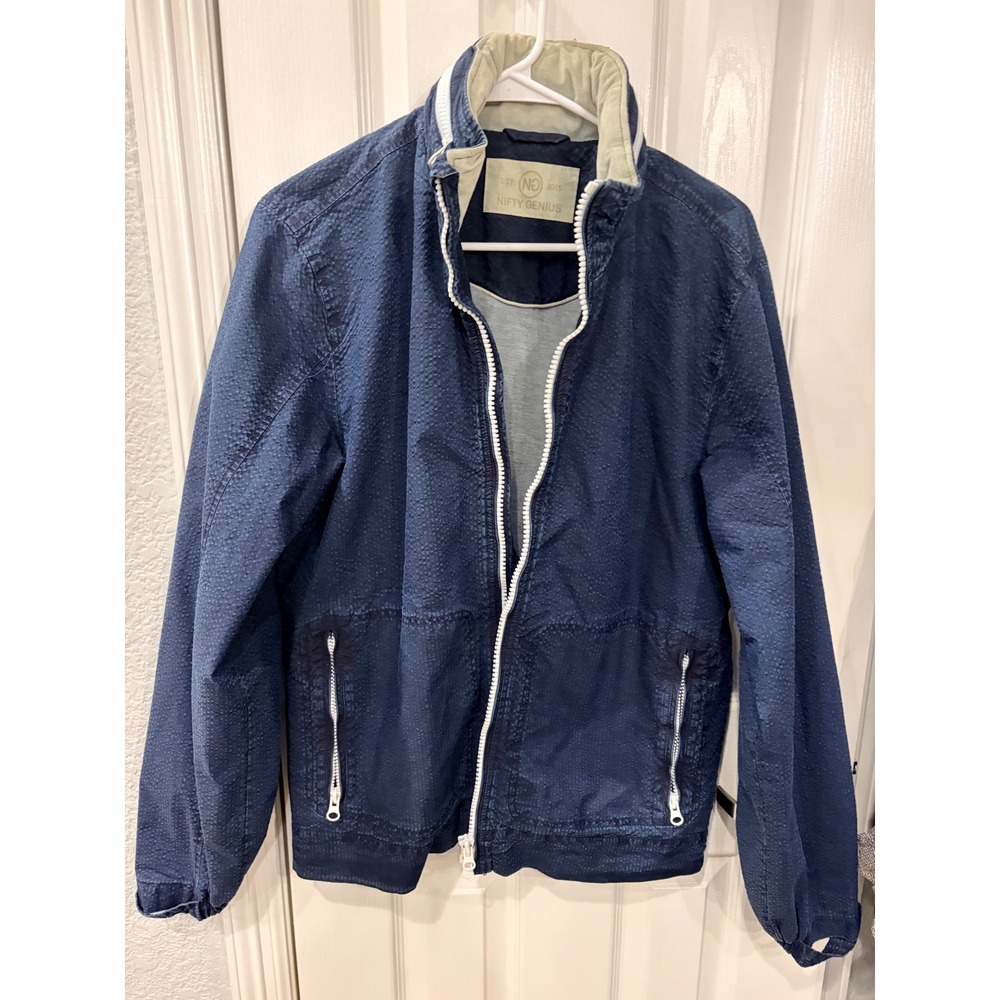 Nifty Genius Jacket Navy Blue Textured Seersucker Full Zip Lightweight Mens XS